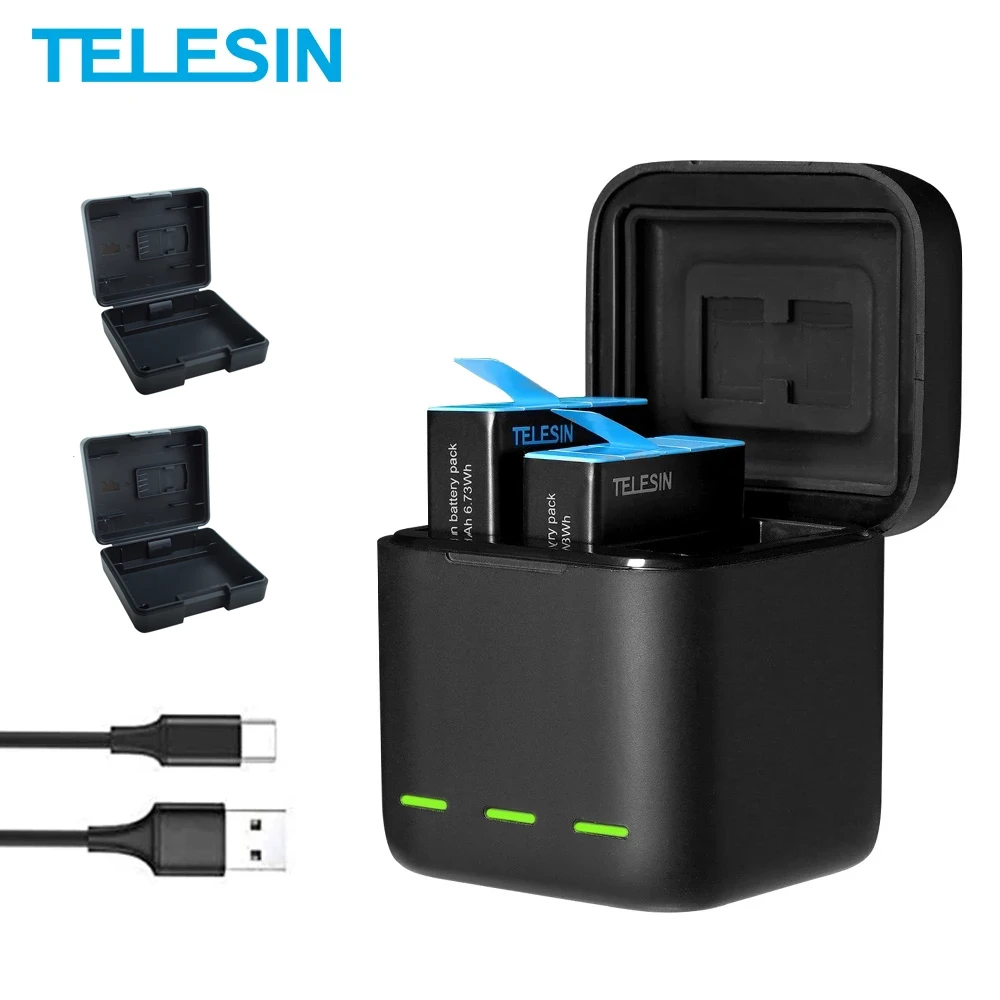 TELESIN Multifuction 3-way Battery Charger Storage Charging Box With 2 Bateries For GoPro Hero 10 9 Action Camera Accessories