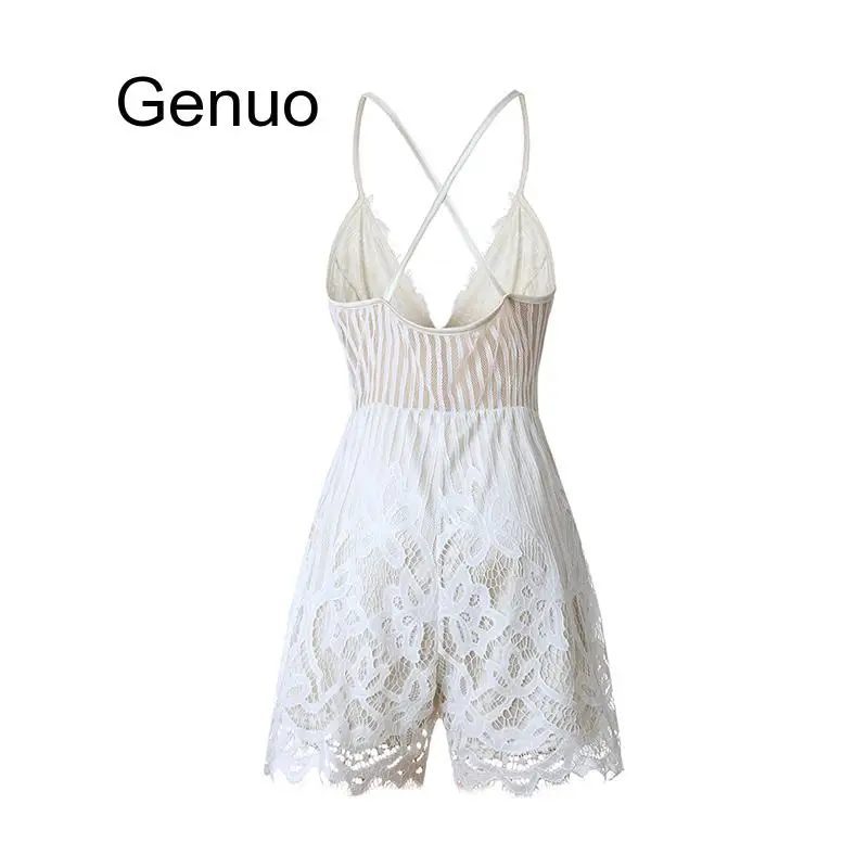 

Sexy Lace Women Playsuits Deep V Neck White Elegant Summer Strap Backless Lace Rompers Short Overalls Women One Piece