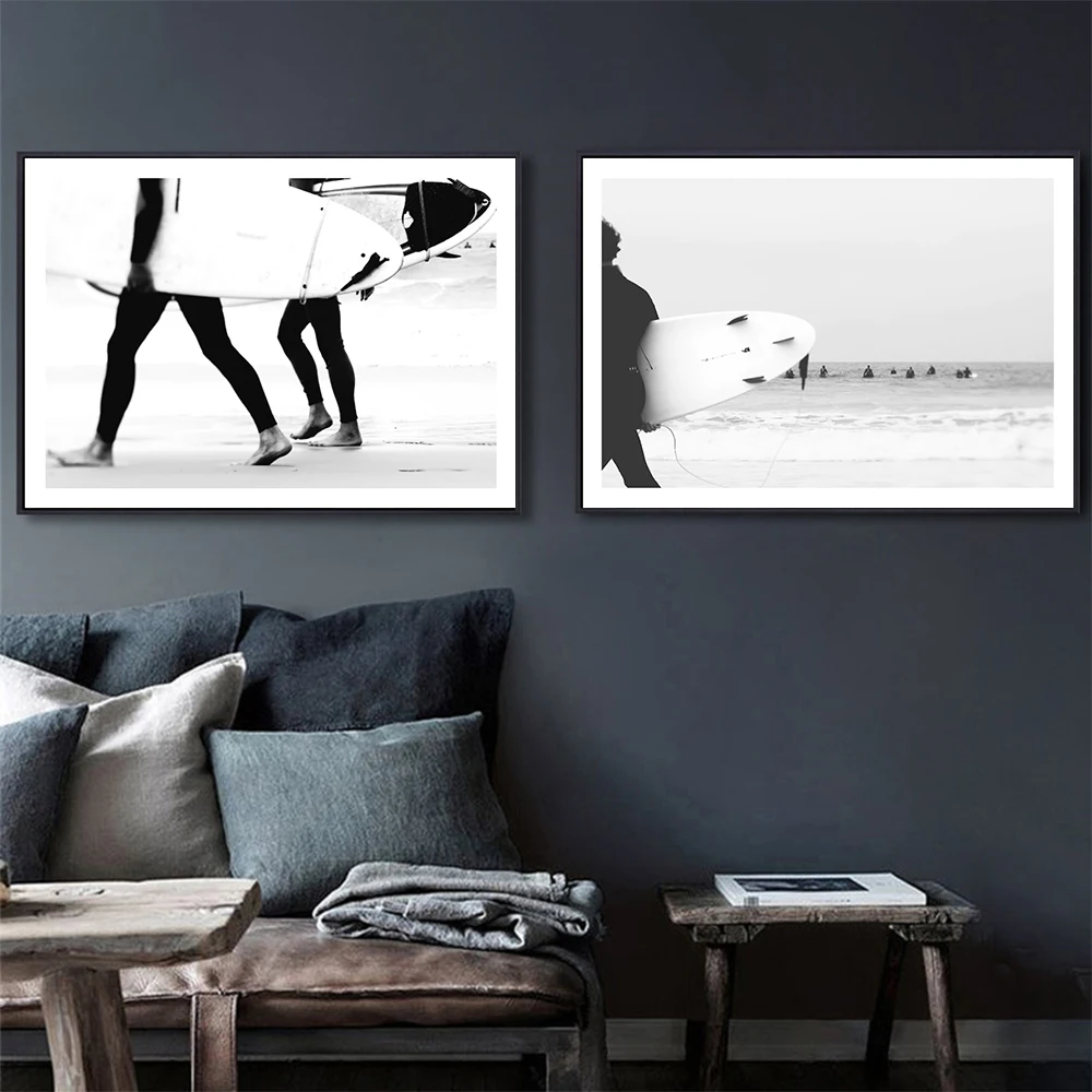 

Modern Black White Catch a Wave Art Surf Canvas Painting Art Print Poster Picture Wall Living Room Home Unique Decoration