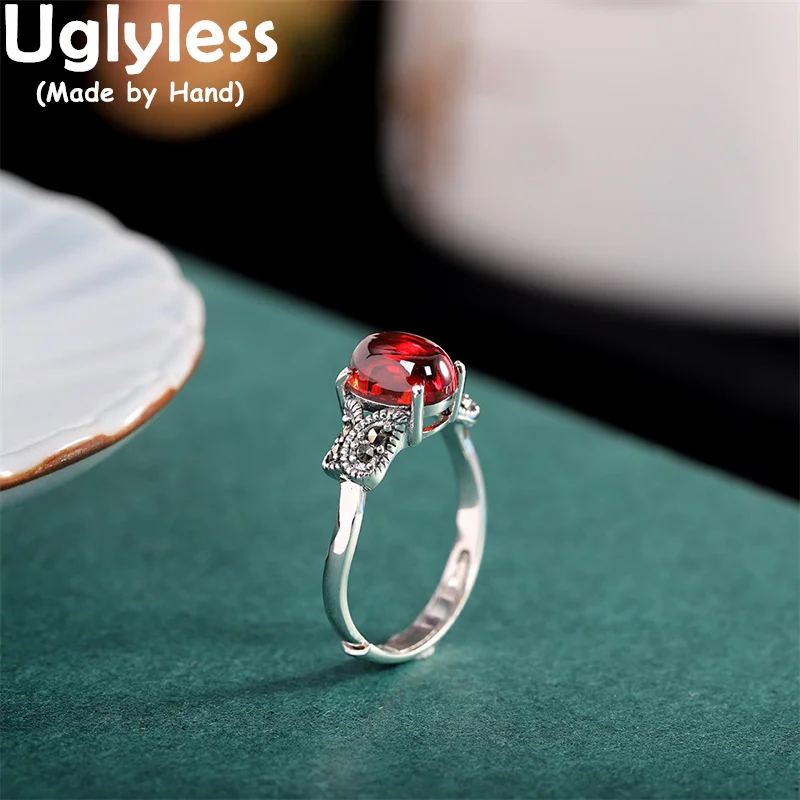 

Uglyless MINI Garnet Rings for Women Semi-precious Stones Marcasite Rings Thai Silver Vintage Jewelry Real 925 Sterling Silver
