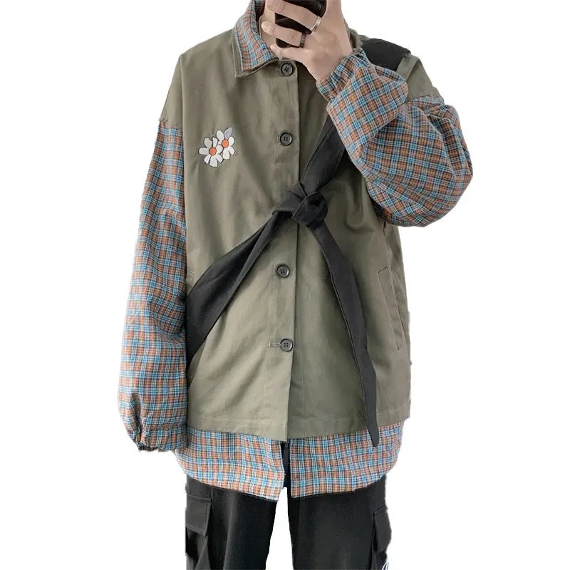 

Fake Two Piece Jackets Men Autumn Korean Handsome Jacket For Men Spring Plaid Loose Single Breast Casual Size M-XXL Men Clothing