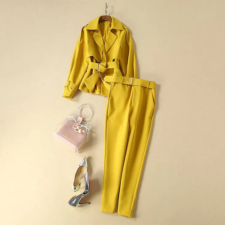 Европейская и американская женская одежда зима стиль с длинными рукавами модный пояс пальто брюки костюм из двух предметов