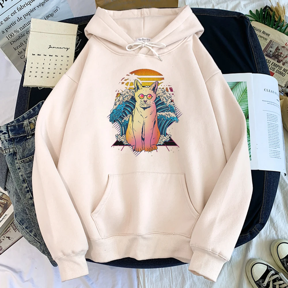

Female Hoodie The Cat In Sunglasses Under The Waves Printed Hoodieswomen Round Neck Oversized Pullover Winter Fleece Lady Hoody