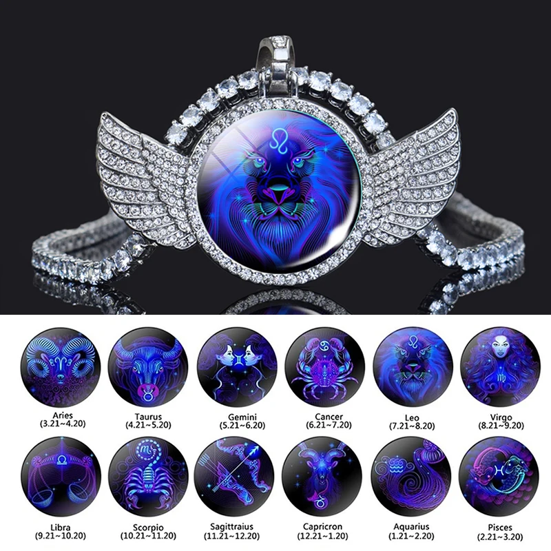 

12 Constellation Necklace Cubic Zirconia Chain Angel Wings Pendant Clavicle Necklace Zodiac Jewelry for Men Women