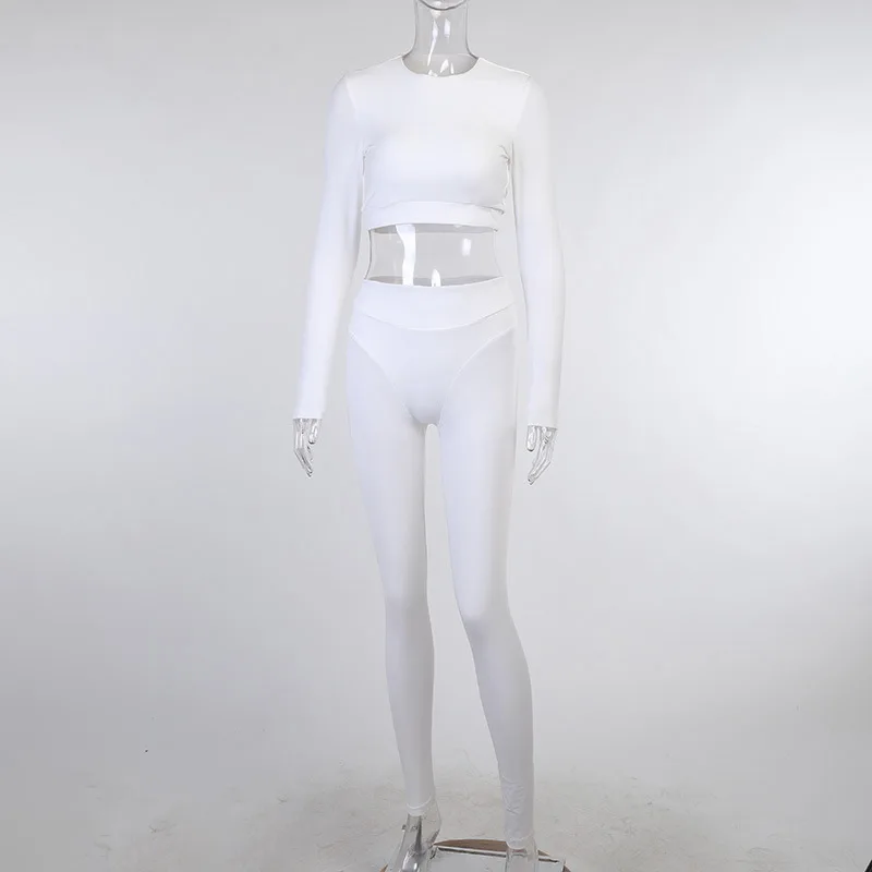 

Night Club 2020 Winter Style Cotton Long Sleeve O Neck Backless T-shirt Solid Bodycon Trousers Fashion Designer Women's Set