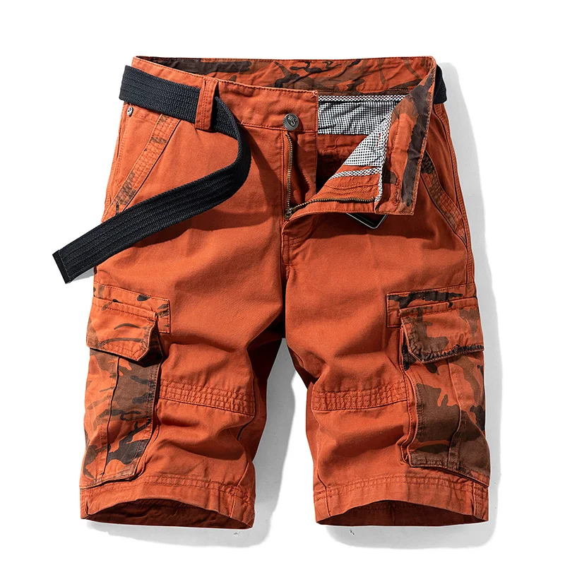 Cargo Shorts Men Spring Summer Breeches Cotton Bermuda Camouflage Denim Casual Multi-Pocket Pants Men's Cargo Short Orange