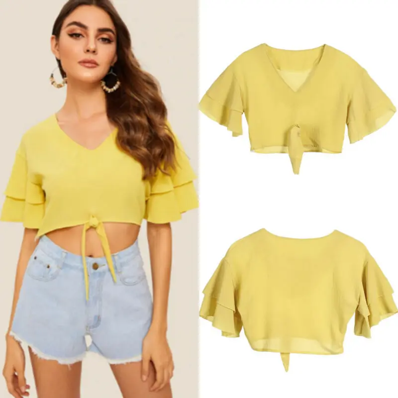 

Fashion Summer Women Chiffon Short Sleeve V-Neck Crop Tops Casual Blouse Ladies Casual Shirt Hot