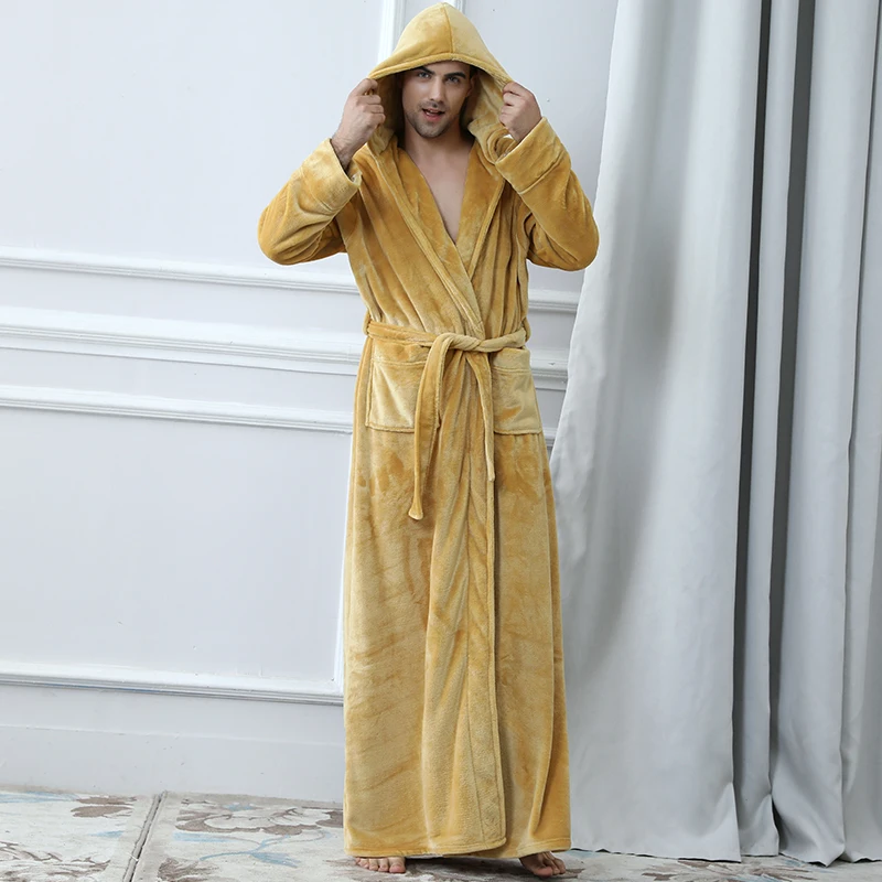Gold men Новинка, мужской зимний удлиненный плотный фланелевый теплый банный халат с капюшоном, мужской халат, термальный халат для женщин и мужчин, роскошное кимоно, халаты - Цвет: Gold men