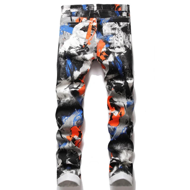 Chic Graffiti Print Hip Hop Men Stretch Pencil Jeans Trousers Color Block Slim Punk Denim Pants Streetwear Pantalones Hombre