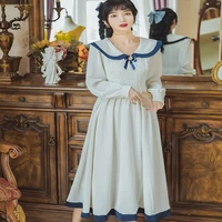 2021 autumn new arrival hot sale regular navy collar vintage lace long sleeve white dress women clothes