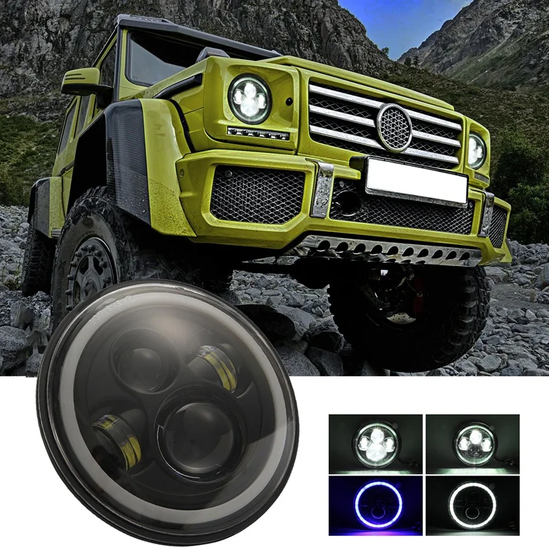 

150W 7-Inch LED Motorcycle Headlight Blue and White Halo Angel Eyes for Wrangler Headlights with H4/H13 Wiring