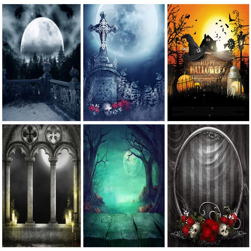 

Halloween Backdrop Pumpkin Lantern Castle Forest Moon Tombstone Baby Photography Background For Photo Studio Props 1911 CXZM-52