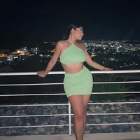 green crop tops and mini skirts sets women sexy halter backless party 2 piece outfits summer club two piece set 2020