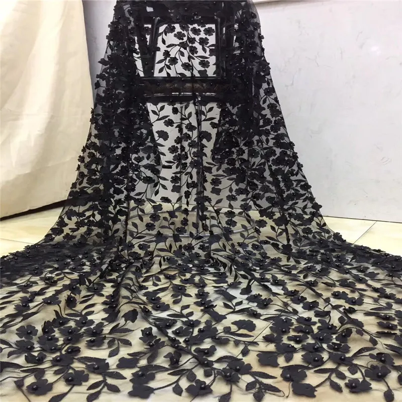 

African Beaded 3D Tulle Lace Fabric 2020 black African French Lace Fabric High Quality Nigerian Embroidery Tulle French Lace
