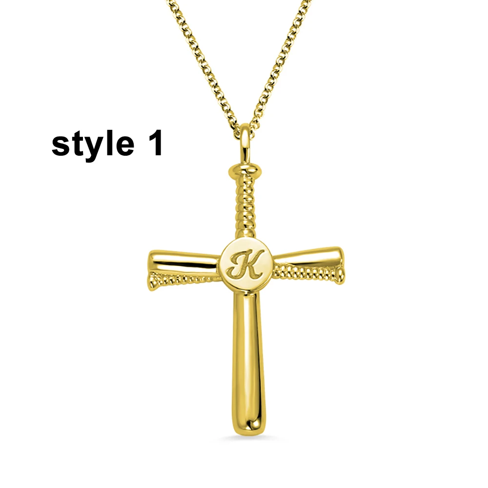 Style 1 in Gold Sweey Прямая поставка Персонализированные Гравированные бейсбольный крест ожерелье с первоначальным номером настроить христианский вера крест ожерелье - Окраска металла: Style 1 in Gold