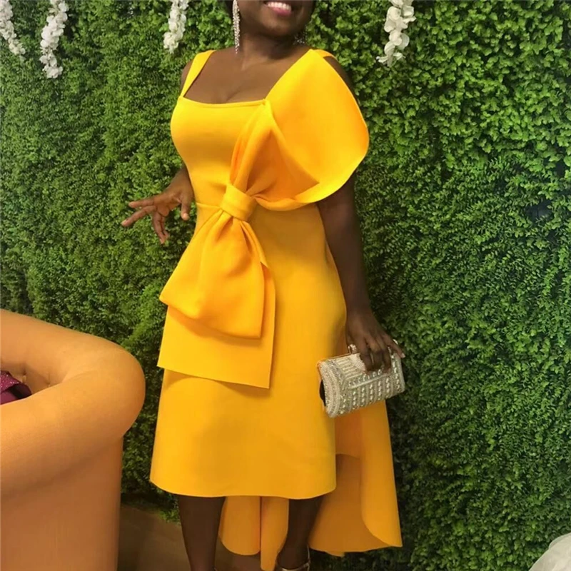 Yellow Occasion Dress with Stylish Big Bow Tie, High Low Flare, and Pleated Design - Perfect for Parties, Events, Celebrations, Ladies' Night Out, or Dinner Dates image 2