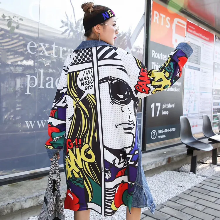 

IEQJ 2021 new summer fashion women clothes turn-down collar full sleeves denim patchwork printed loose jacket W0145