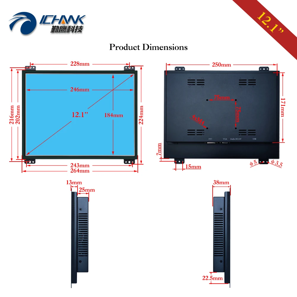 Женский/12 дюймов 1024x768 открытая рамка DVI K120TC DUV2/12 1 &quotметаллический корпус Embedd
