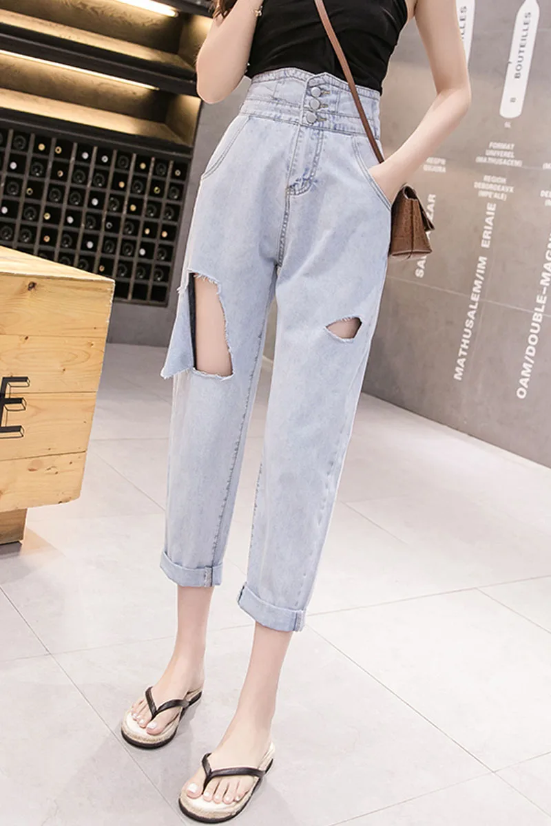 2019 новые модные женские джинсы с дырками и высокой талией свободные летние