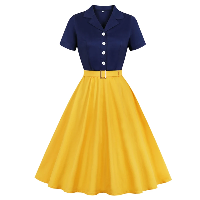 

Женское винтажное платье средней длины, темно-синее и желтое элегантное двухцветное платье с отложным воротником, поясом и пуговицами на ле...