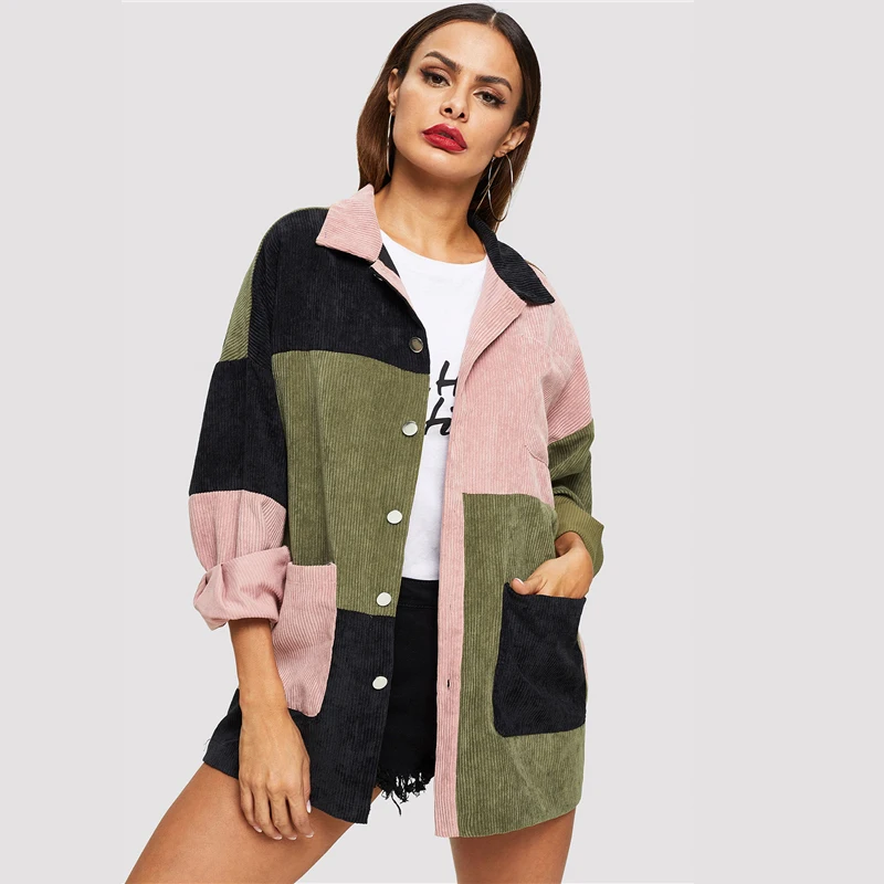 SHEIN повседневное многоцветное пальто с карманами спереди, вельветовое однобортное пальто, Осеннее Современное женское пальто, верхняя одежда