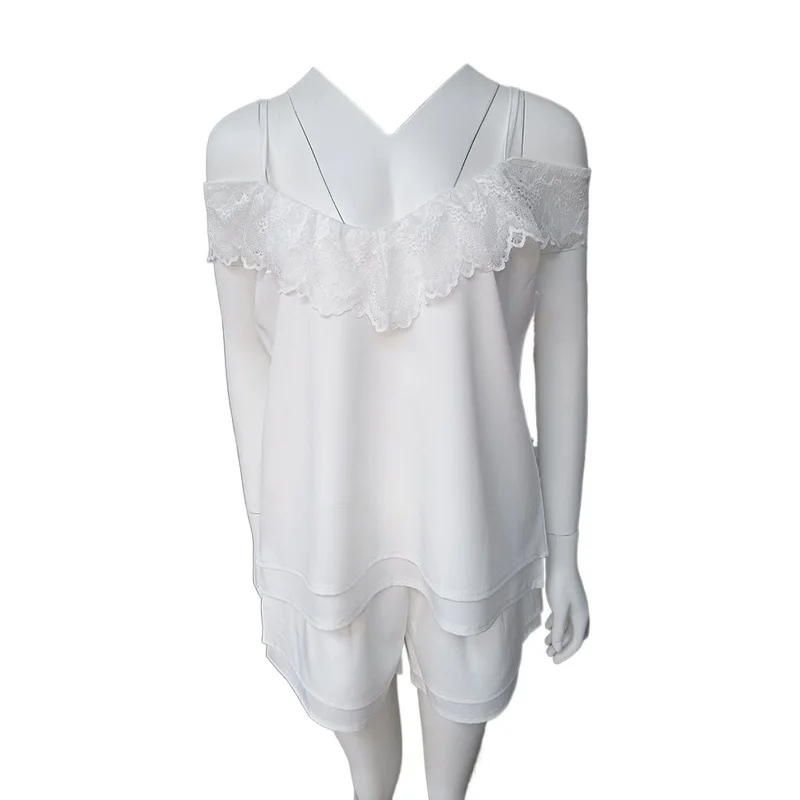 

2021 Sexy Women's Sleepwear New White Lace V-Neck Pajamas Set Vintage Ladies Nightwear Summer Casual Cami Top And Shorts MA50224