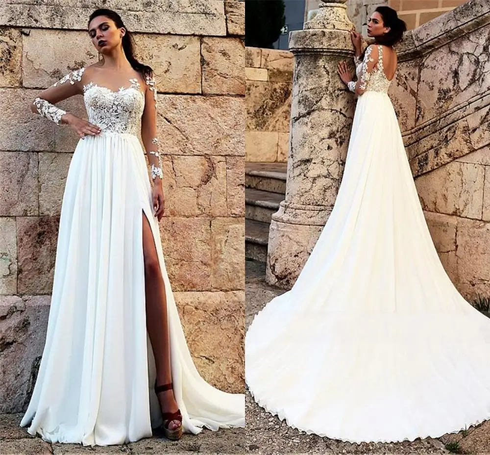 

Привлекательный шифоновый воротник Sheer Jewel, свадебное платье трапециевидной формы с кружевной аппликацией, с длинными рукавами, с разрезом ...