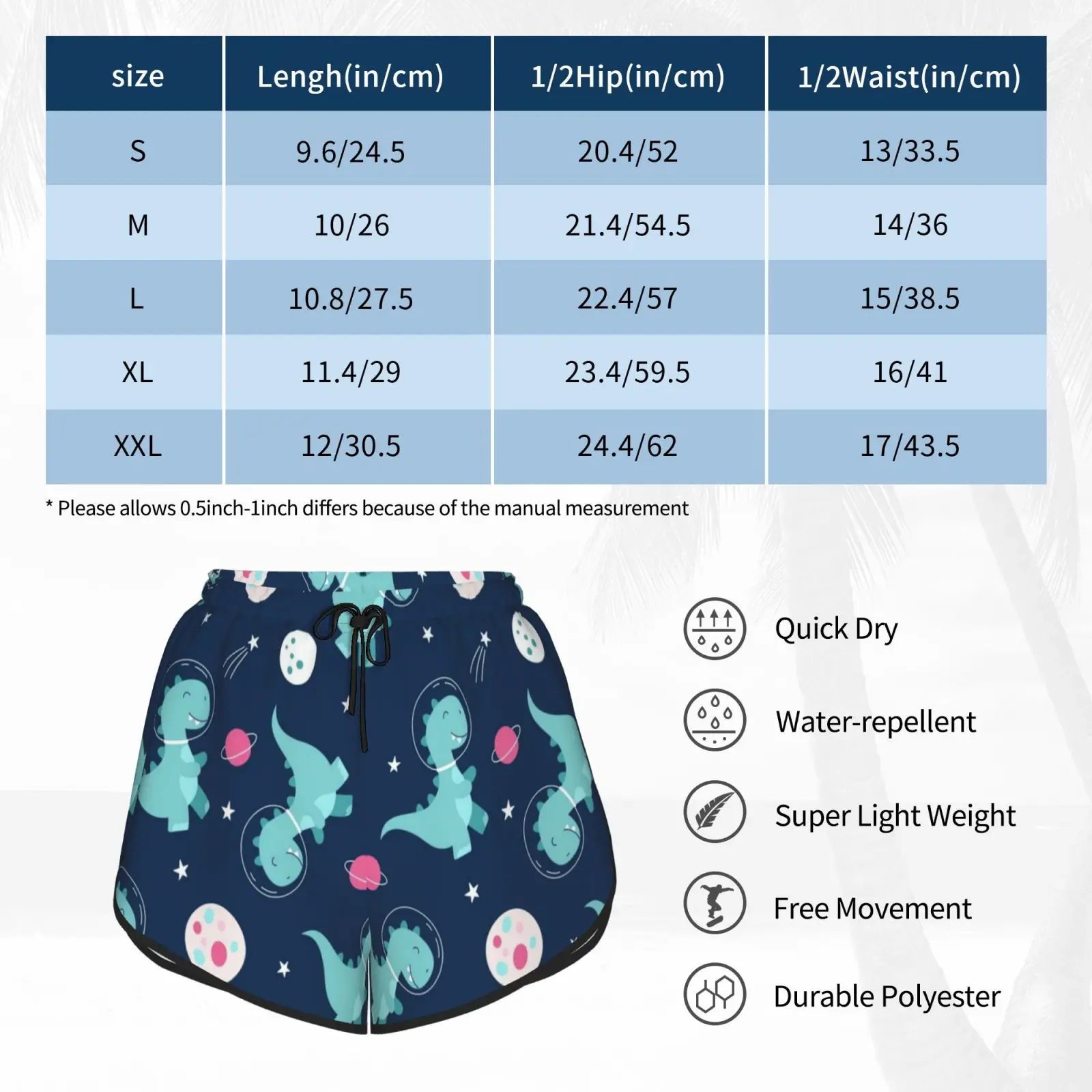

Dinosaurs In Space Swim Shorts Women Beach Shorts Background Pattern Cute Template Nature Animal Galaxy Colorful