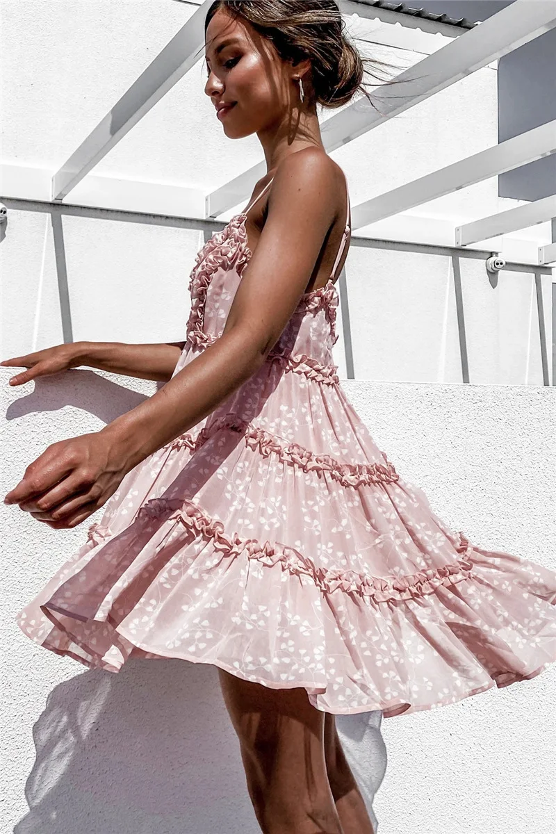 

2021 Floral Print Summer A Line Boho Dress Women Spaghetti Strap Backless Sexy Party Beach Pink Casual Mini Dresses
