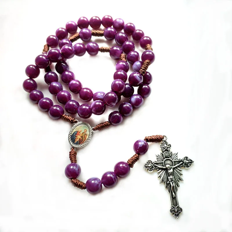 

QIGO Purple Acrylic Beads Strand Weave Rope Rosary Neckalce Vintage Jesus Cross Pendant Religious Jewelry For Men Women