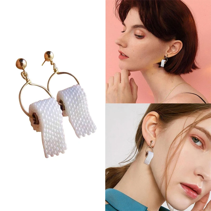 

Pearl Toilet Paper Earring Funny 3D Tissue Geometric Drop Earring Creative Paper Towel Toilet Paper Earring For Women Jewelry