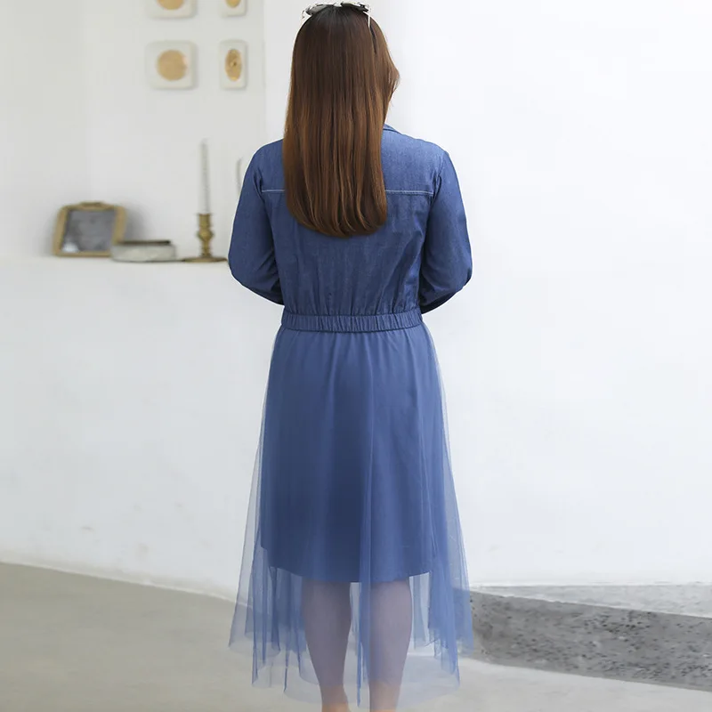 Женское джинсовое платье с длинным рукавом элегантное Сетчатое средней длины