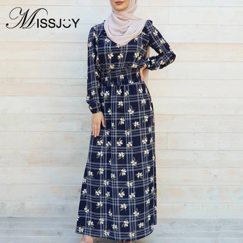MISSJOY 2019 Muslim Abaya Printed Flowers Long Sleeves Women Dresses Turkish Dubai Sweet Female Robe Elegant Casual High Waist