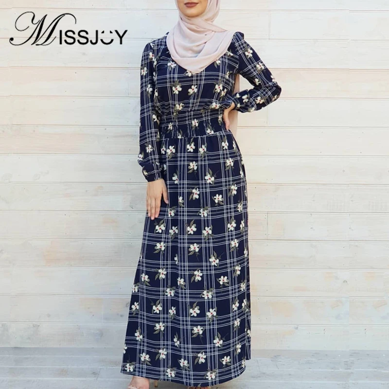 MISSJOY 2019 мусульманские абайя с цветочным принтом и длинным рукавом Женские платья