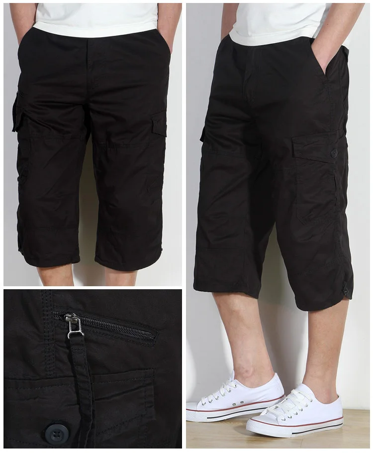 

Knee Length Cargo Shorts Men's Summer Casual Cotton Multi Pockets Breeches Cropped Short Trousers Military Camouflage Shorts