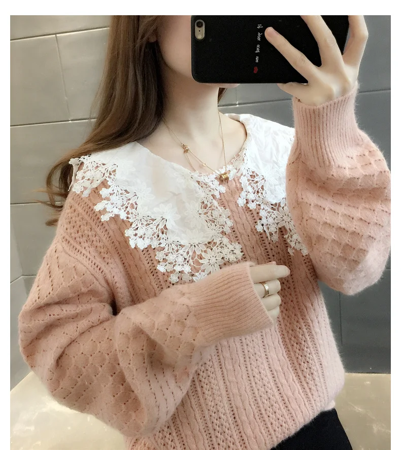 

Autumn and winter clothing new women's stitching lace casual net red hooded forest collar sweater women wild loose sweater women