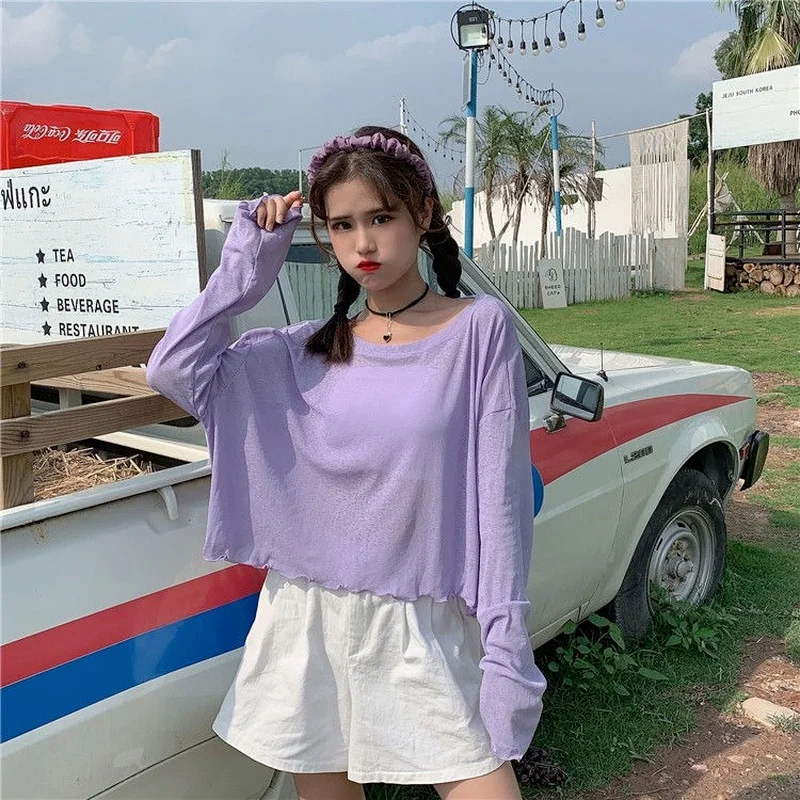 Женские футболки с длинным рукавом однотонные Короткие топы Летняя тонкая