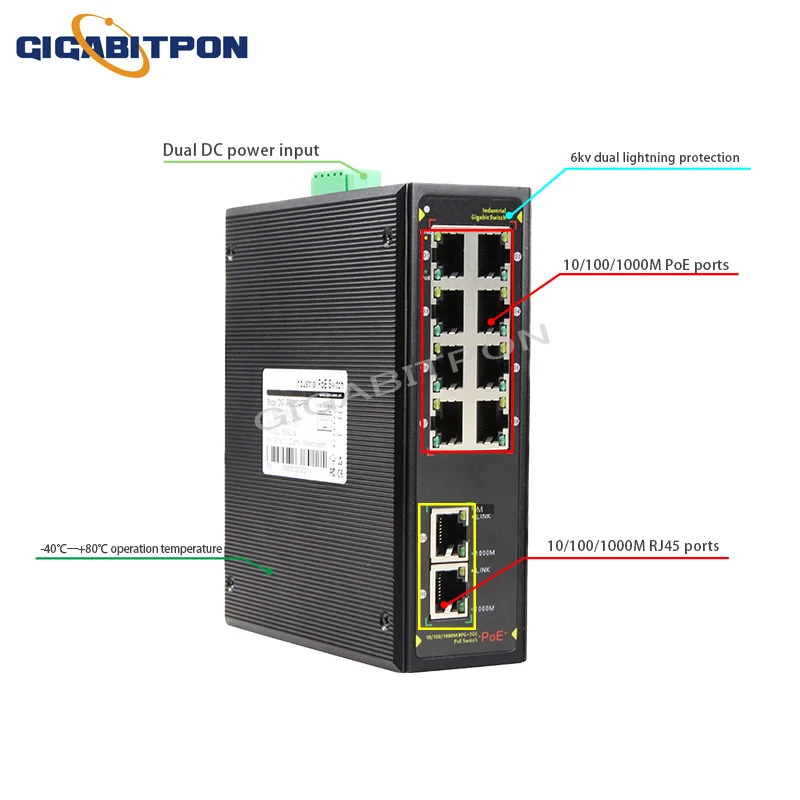 10-port full Gigabit PoE industrial Ethernet network switch 8*POE port+2*RJ45 port IEEE 802.3af/at rail IP40