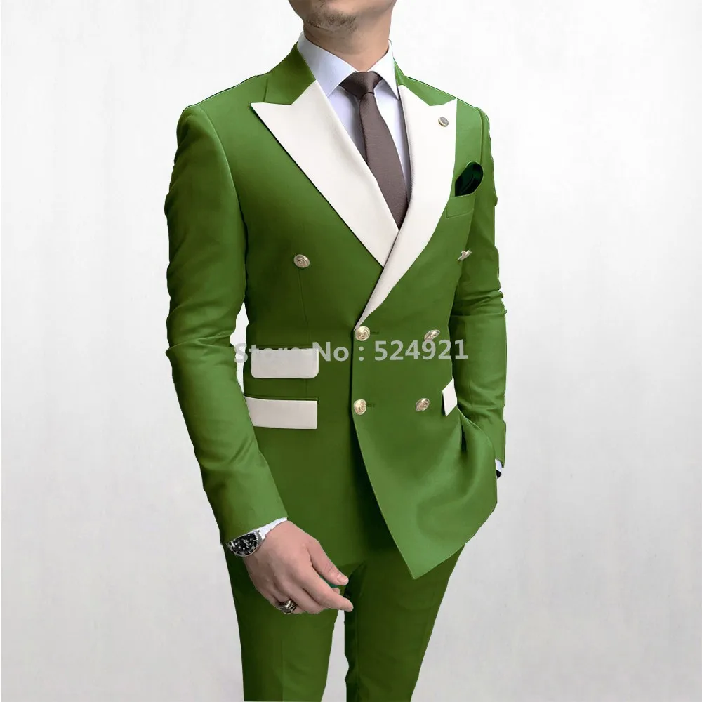

Double Breasted Men Suits Olive Green Groom Tuxedos Peak Lapel Groomsmen Wedding Best Man 2 Pieces ( Jacket+Pants+Tie ) D47