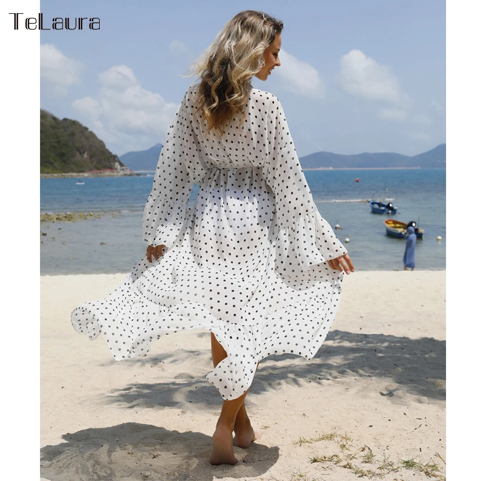 Новинка 2020 пикантная Пляжная накидка купальник в горошек Пляжное длинное платье