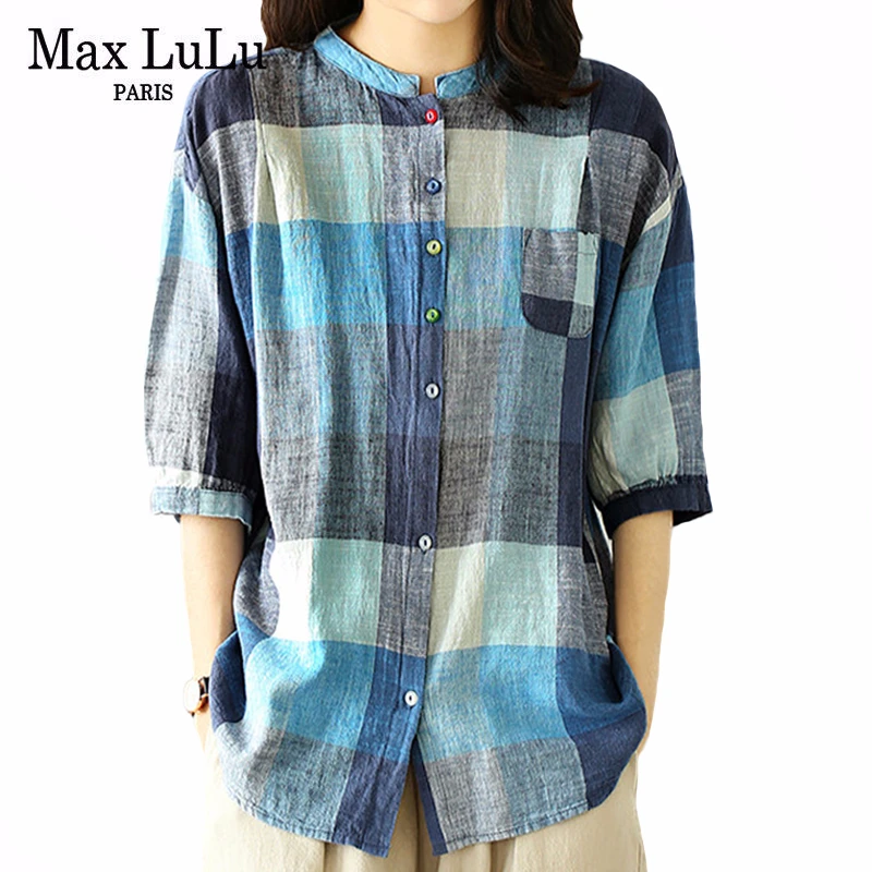 Женские Винтажные льняные рубашки Max LuLu повседневные в клетку с принтом стиле