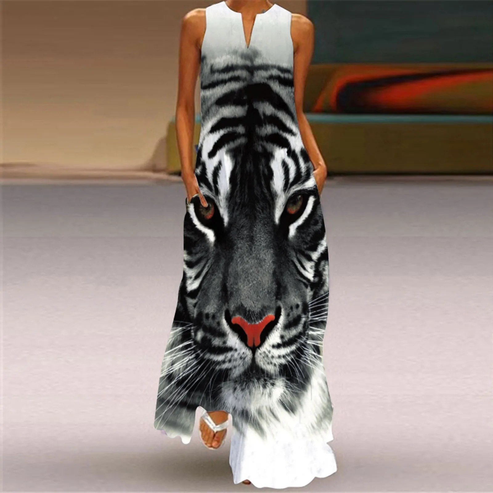 Frauen Ärmellose Tiger Druck Sommer Strand Kleid V-ausschnitt Elegent Maxi Kleid Sommer Party Berufung Kleid 2021 Sommer Neue Mode
