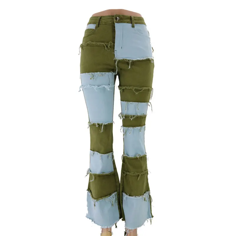 Женские расклешенные джинсы с заплатками винтажные модные брюки из денима