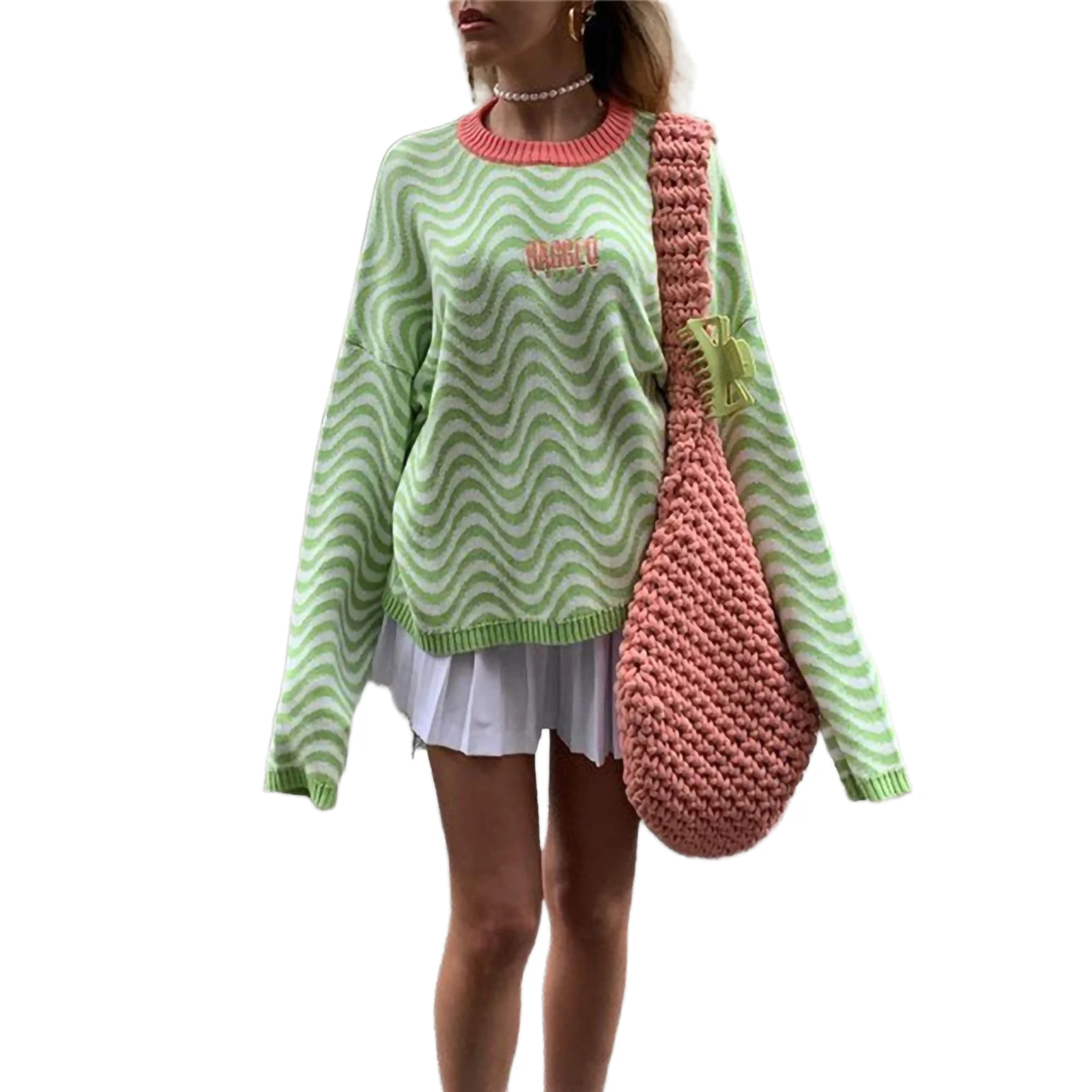 

Girls Long Sleeve Knitwear, Autumn Winter Ladies Stripes Letter Embroidery Round Collar Casual Loose Sweater Knitted Tops