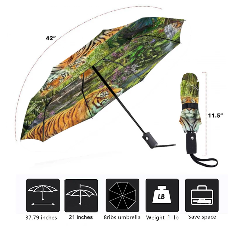 Дорожный полностью автоматический зонт женский с принтом тигра защитой от