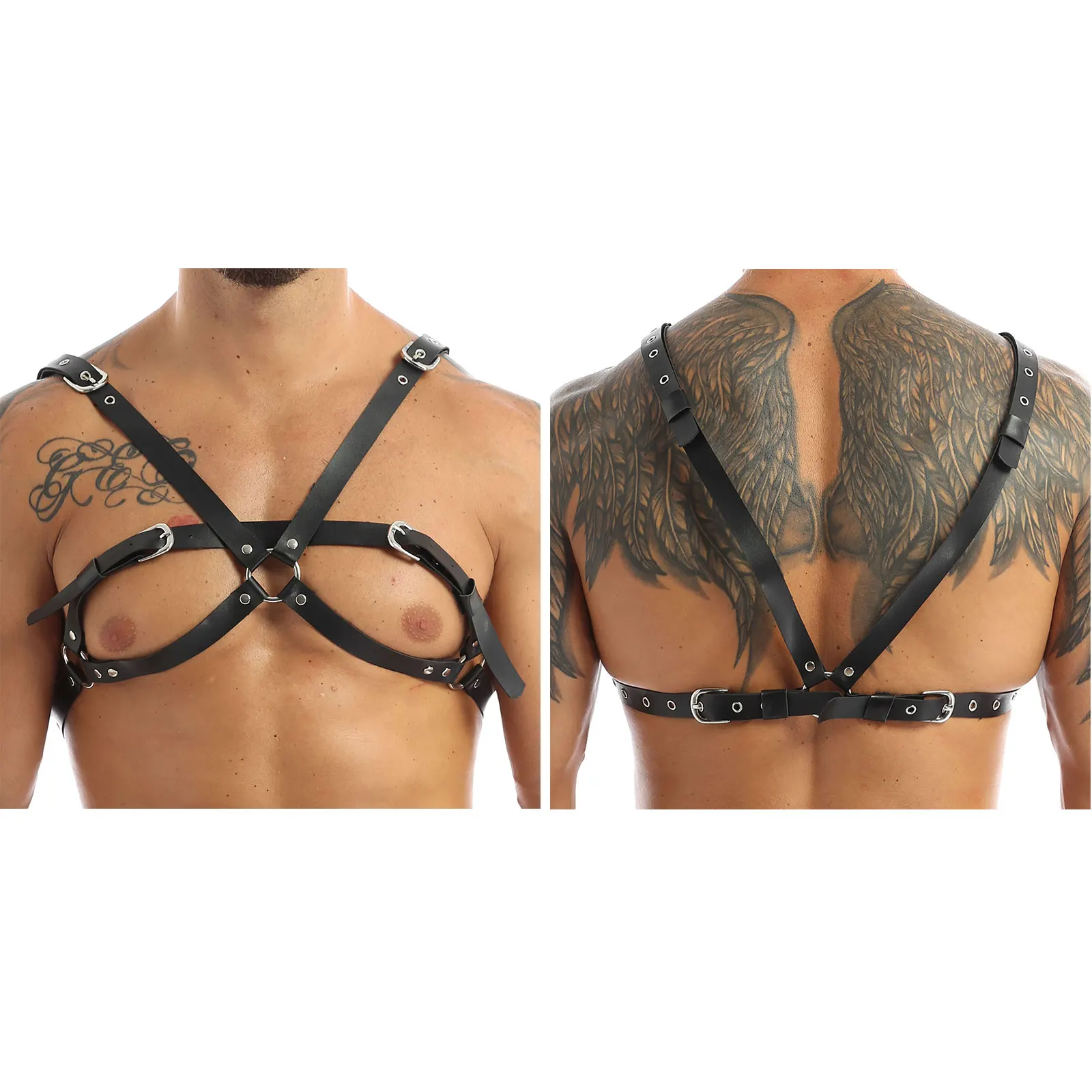 

2020 Fashion Men Adjustable Buckle PU Leather Harness Punk Gothic Metal O-Ring Chain Haler Body Shoulder Chest Belt with Armband