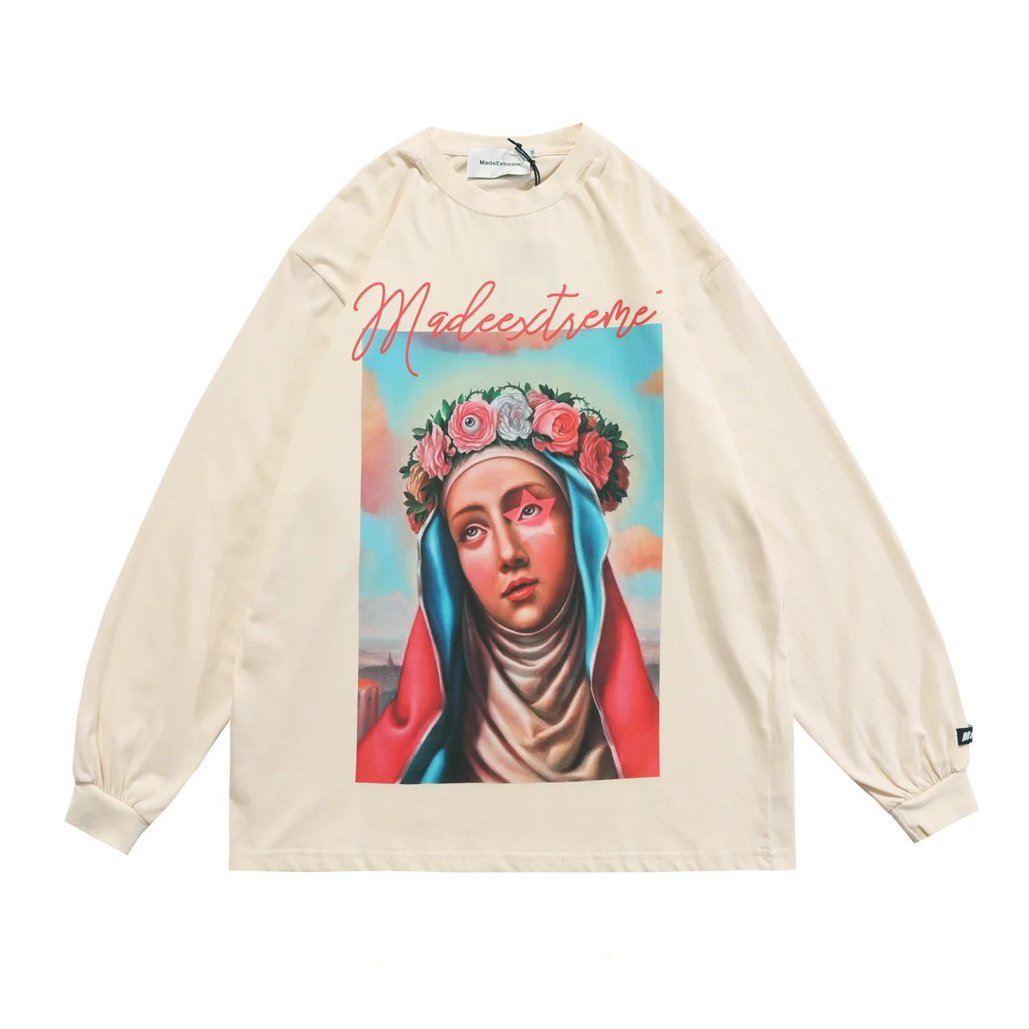 

Autumn New Long Sleeve Virgin Mary Printed Streetwear Cotton T-shirt for Men and Women Oversize Loose Tops Tee Shirt Man Tshirt