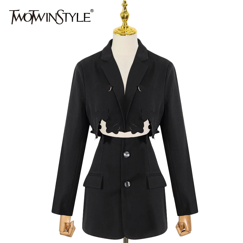 

TWOTWINSTYLE Casual Elegant Two Piece Set Women Notched Long Sleeve Irregular Blazer High Waist Skirt Women's Set Autumn 2021