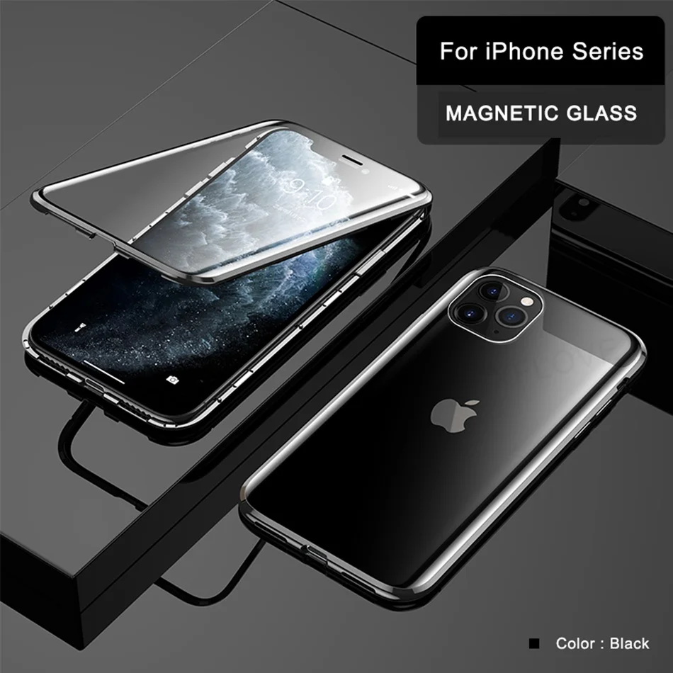 360 брендовый металлический чехол для iPhone 6 7 8 Plus XS XR MAX чехол Магнитный Роскошный чехол из закаленного стекла для Apple iPhone 11 Pro Max - Цвет: Black