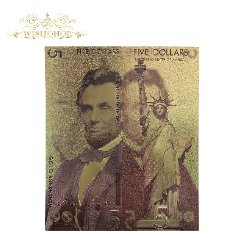 New America Banknotes 5 Dollar Banknotes in 24k Gold Fake Money Gold Plated Business Gift